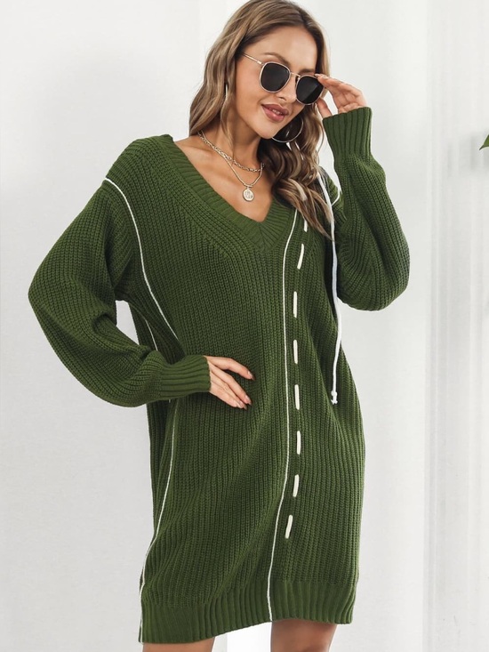 Trendsi Dresses & Skirts - Olive Green V-Neck Knit Sweater Dress